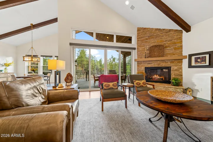 Spacious great room with fireplace.