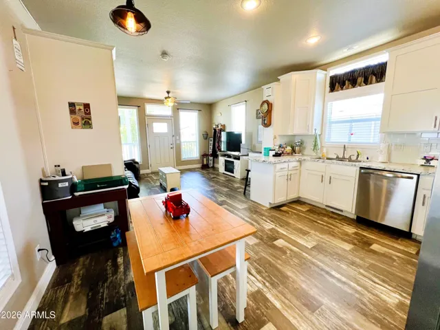 Dining, kitchen, living areas