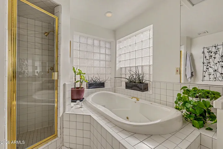 Master bathroom with deep jetted spa tub & walk-in shower.