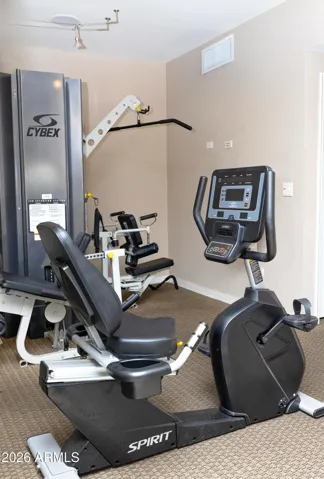 "Serious equipment for serious guests — Cybex multi-station, lat pulldown, Spirit recumbent bike, and more. No excuses to miss leg day."