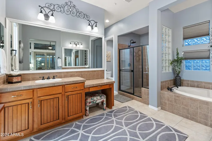 Large master bathroom with tub and walk-in shower and vanity