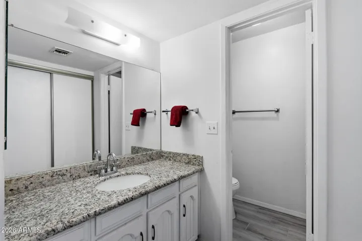 Primary bath with granite countertop and undermount sink. Walk-in shower in the private toilet room.