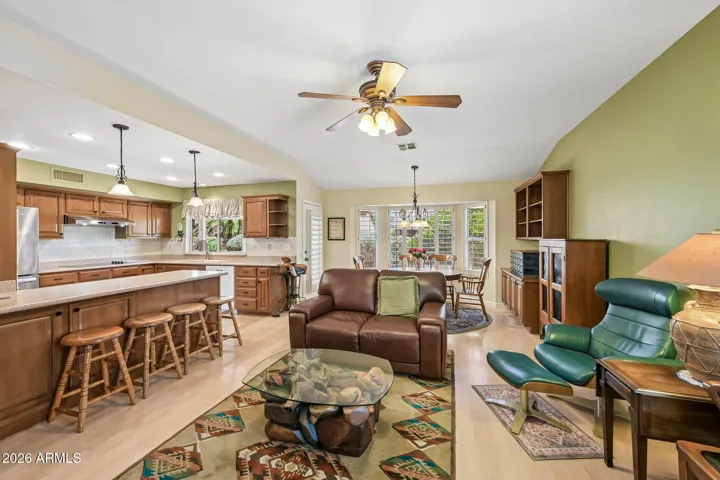 The family room and kitchen