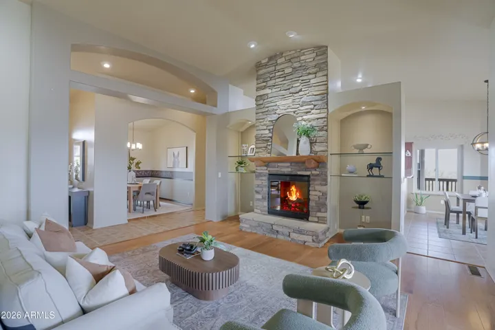 Living room with cozy fireplace with the flip of a switch!