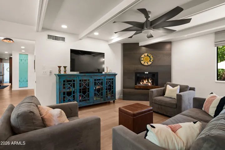 Beautiful fireplace serves as the focal point of the main living space