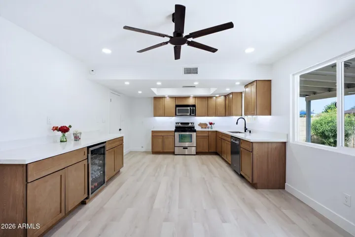 kitchen all new cabinets, beverage frig