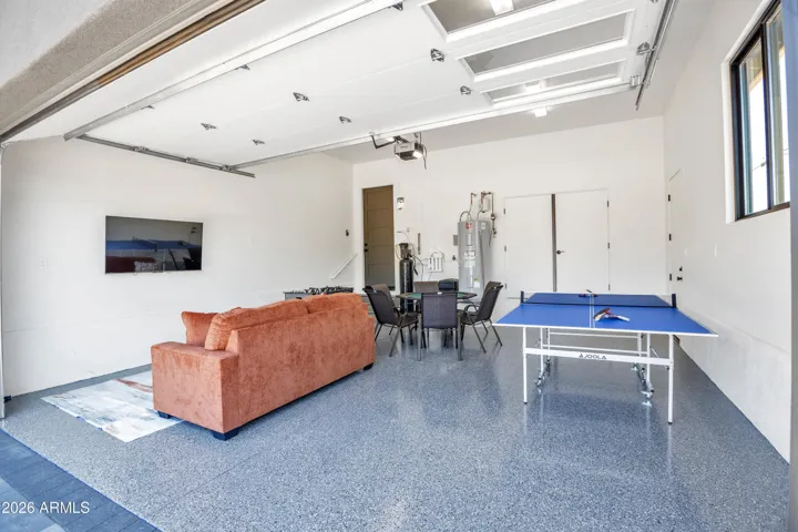 Garage area set up as a game room