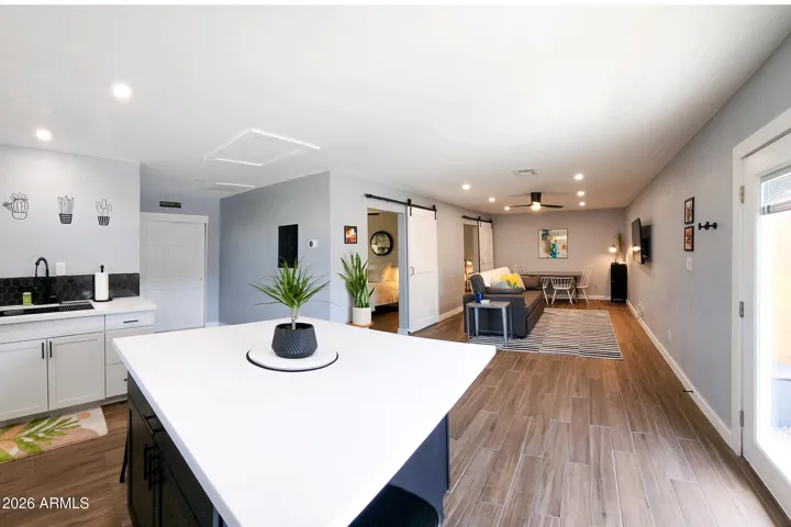 Casita kitchenette has kitchen island, quartz countertops and all you need to make a meal!