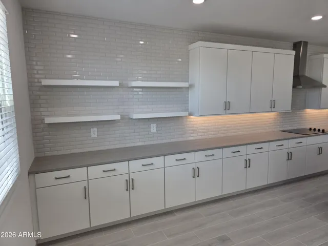 Lot 39 Backsplash Wall, Floating Shelves, Extended Cabinets