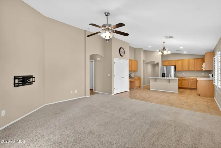 Living room looking into kitchen