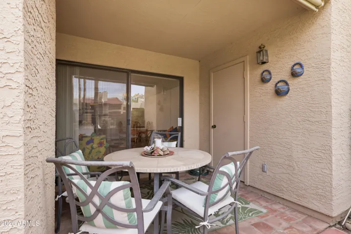 Exterior storage and room for seating.