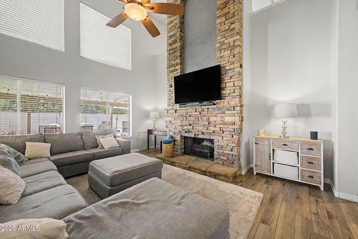 Stone, wood burning fireplace