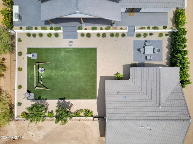 Aerial backyard. casita (bottom) homes (top)