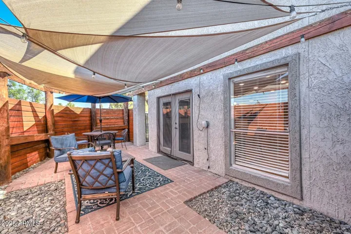Patio with French doors to Kitchen area