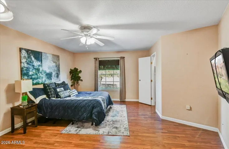 Generous primary suite offering a peaceful retreat with a ceiling fan, large closet space, and plenty of room for a king-sized bed set.