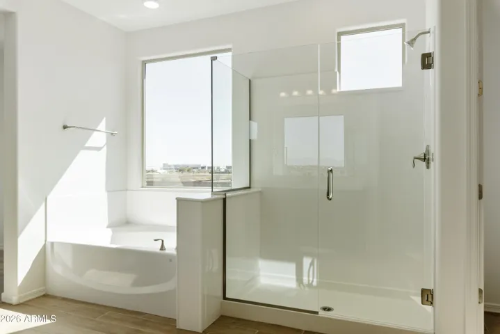 SEPARATE TUB AND SHOWER IN THE OWNER'S BATH. HIS AND HER'S CLOSETS AND DUAL VANITIES.