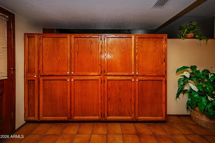 Multiple Oak cabinets for storage.