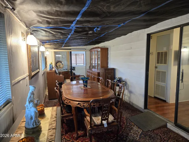 Dining room, office, doorway up to kitchen