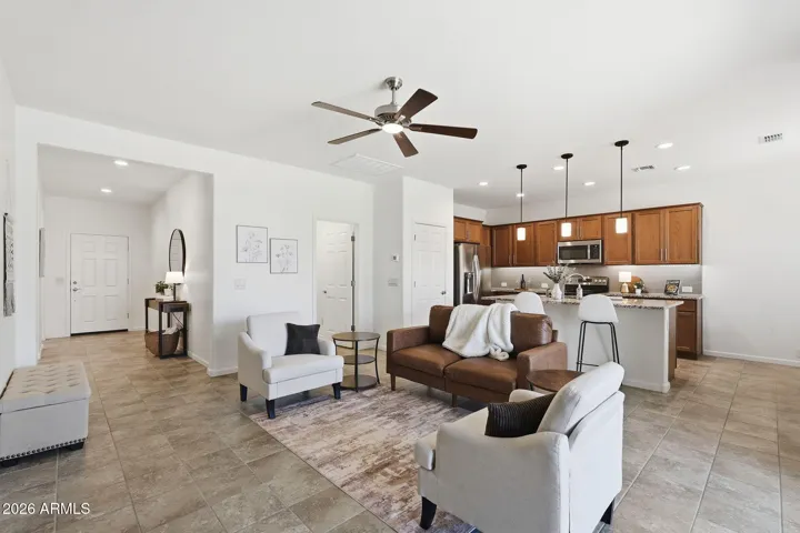 Looking towards the front entryway and kitchen