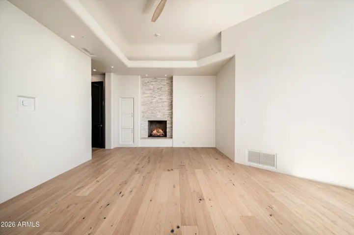 Stacked stone fireplace