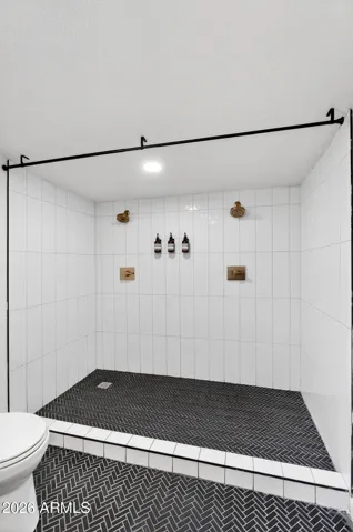 Primary suite bathroom, renovated, dual head walk in shower.