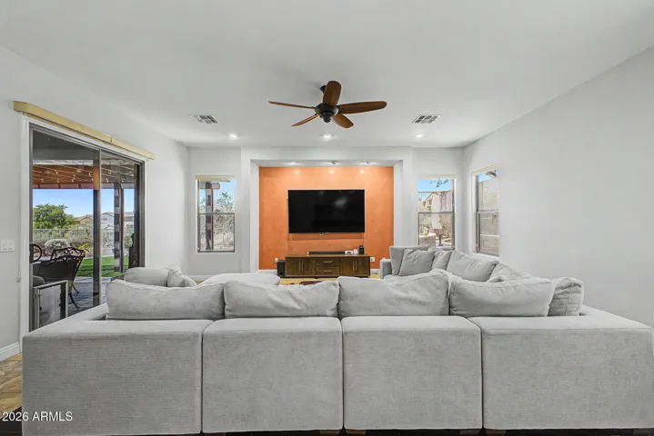 Family room layout encourages a natural flow from the kitchen