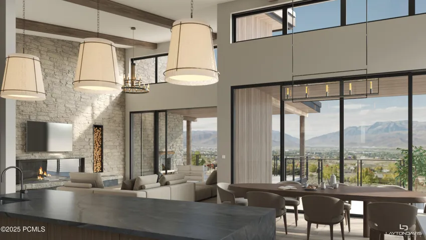 Rendering view from kitchen looking towards main living and dining area
