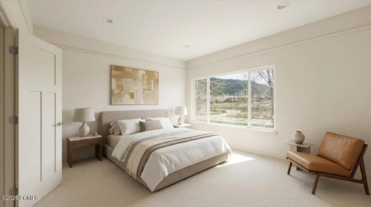 Virtually Staged. Primary Bedroom with EnSuite, French Doors, Ski Resort Views