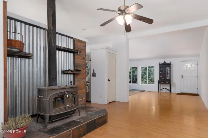 Entry and wood fireplace