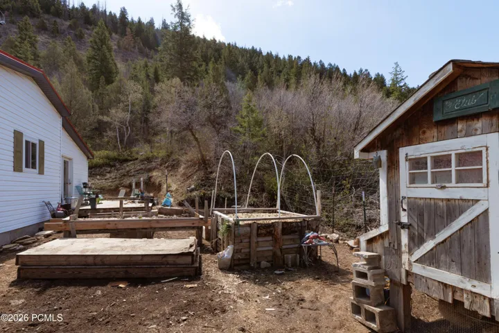raised garden area and chicken coop