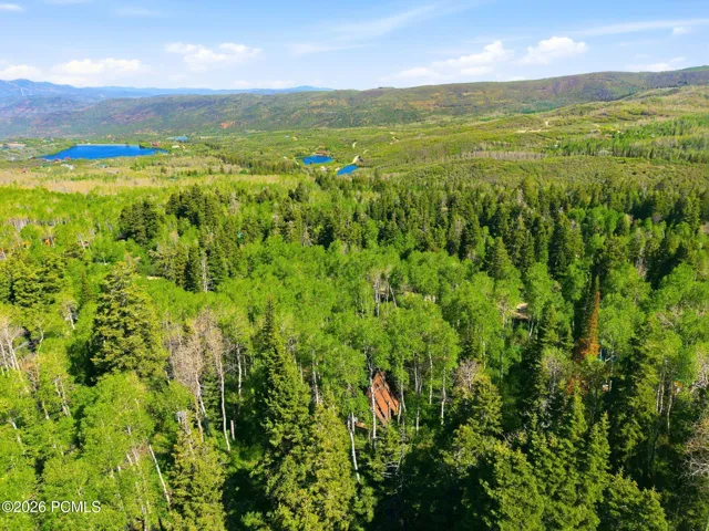 Aerial perspective featuring mature trees, mountain views, and the natural beauty surrounding this Timber Lakes cabin property.