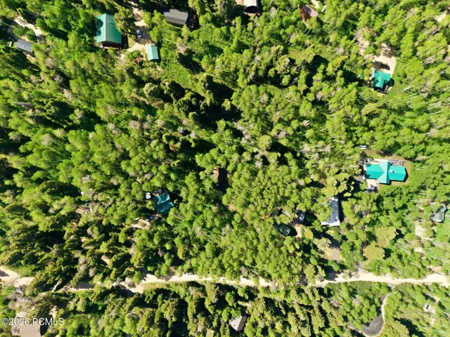 top down view from drone of area and road leading to cabin