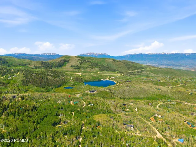 Elevated aerial perspective capturing the property's mountain setting, wooded landscape, and scenic surroundings in Timber Lakes.