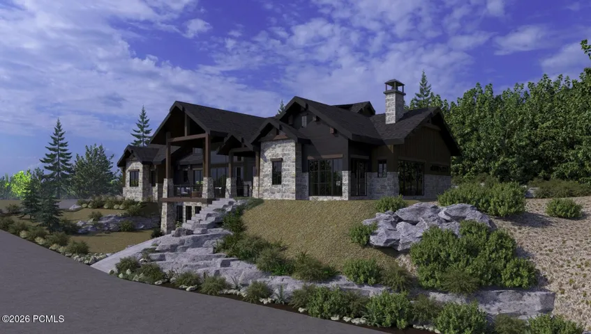 Rendered View of side of home featuring stone siding and a chimney