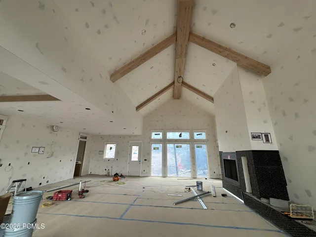 Kitchen area featuring a fireplace