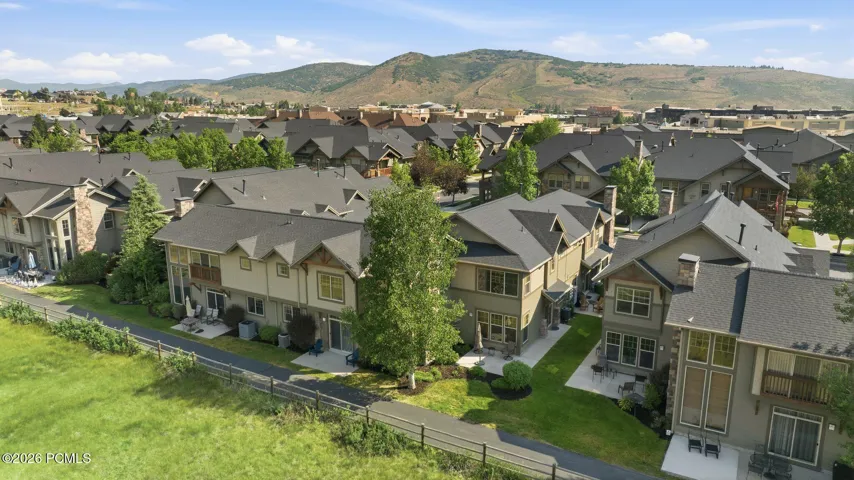 Aerial view of the Fox Point at Redstone community — sub-$1M Park City townhome opportunity with mountain views, green spaces, and lock-and-leave or investment potential.