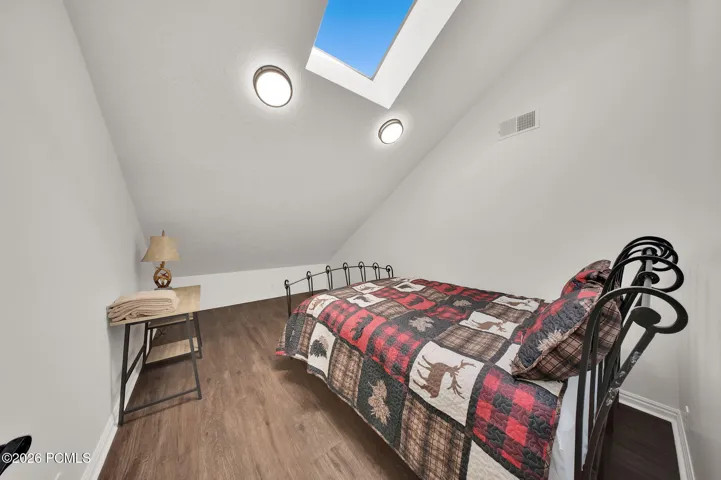 Vaulted ceiling with skylight and two flush-mount light fixtures, complemented by wood-finish flooring