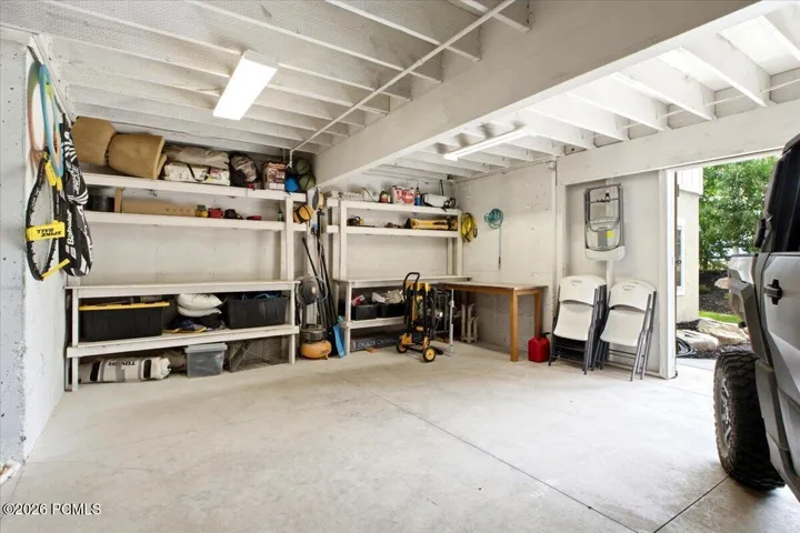 Spacious garage with storage shelves