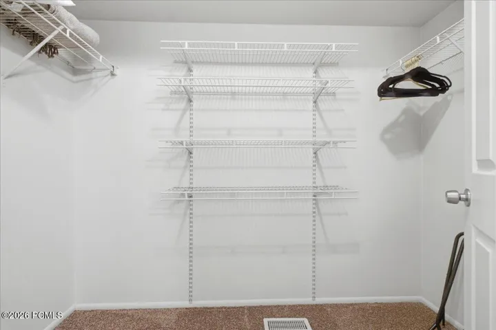 Spacious primary walk-in closet.