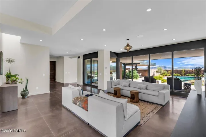 Great Room with views of the pool and spa area