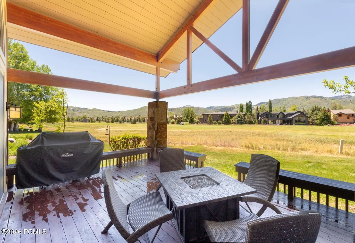 Deck with panoramic views of ski runs and East to Solamere.