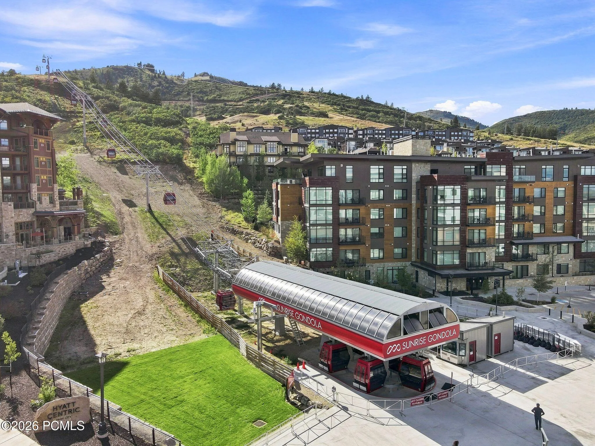 Aerial view of Pendry Residences Park City at the base of Canyons Village with true ski-in, ski-out access.