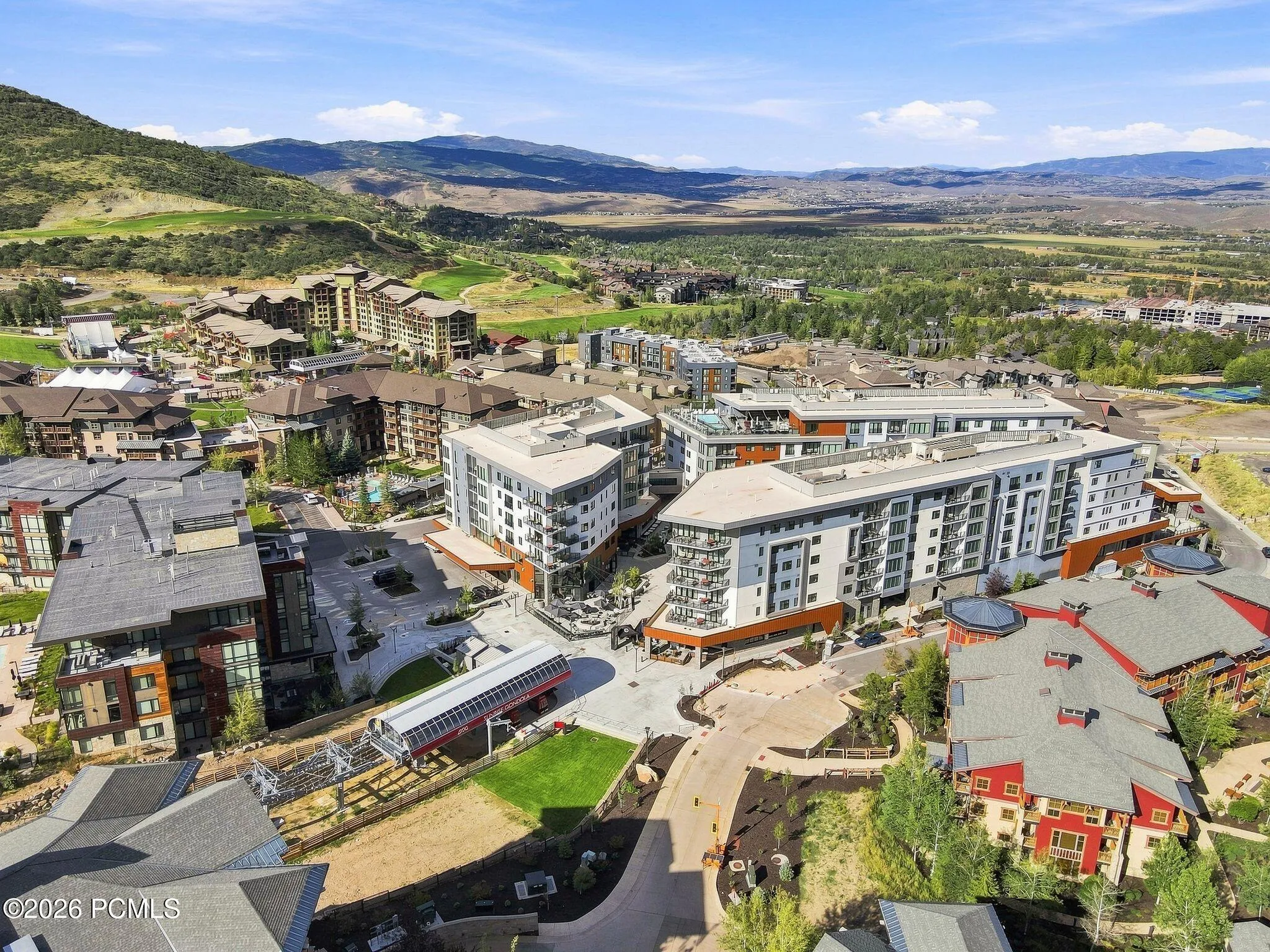 Aerial of the Canyons Village resort base with Pendry Residences Park City in the foreground.