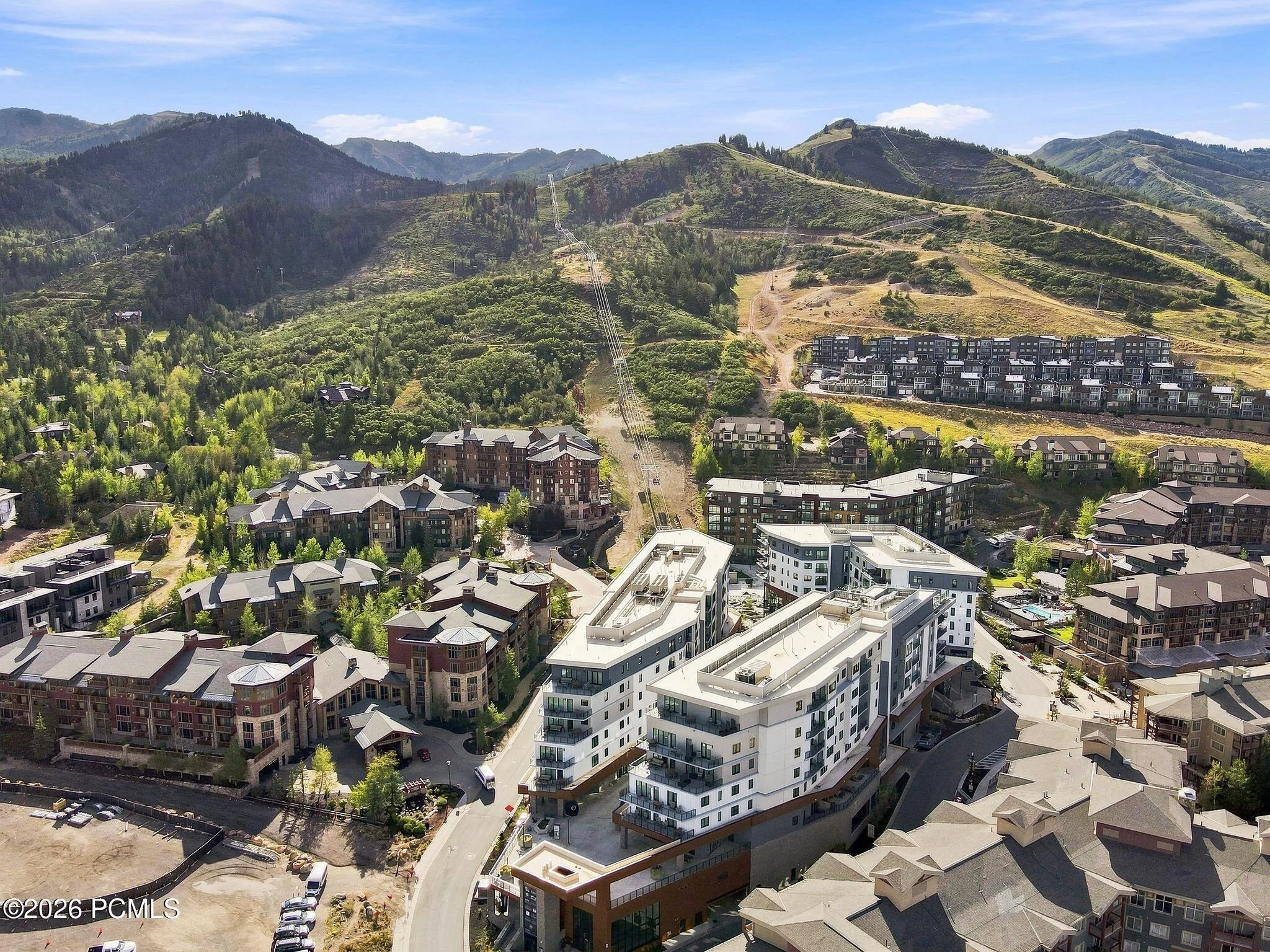 Aerial of Pendry Park City showing the slopeside position of the building below the Canyons Village ski runs.