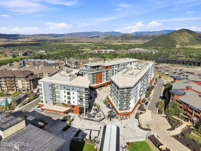 Aerial of Canyons Village and Pendry Residences Park City with Wasatch Back views beyond.