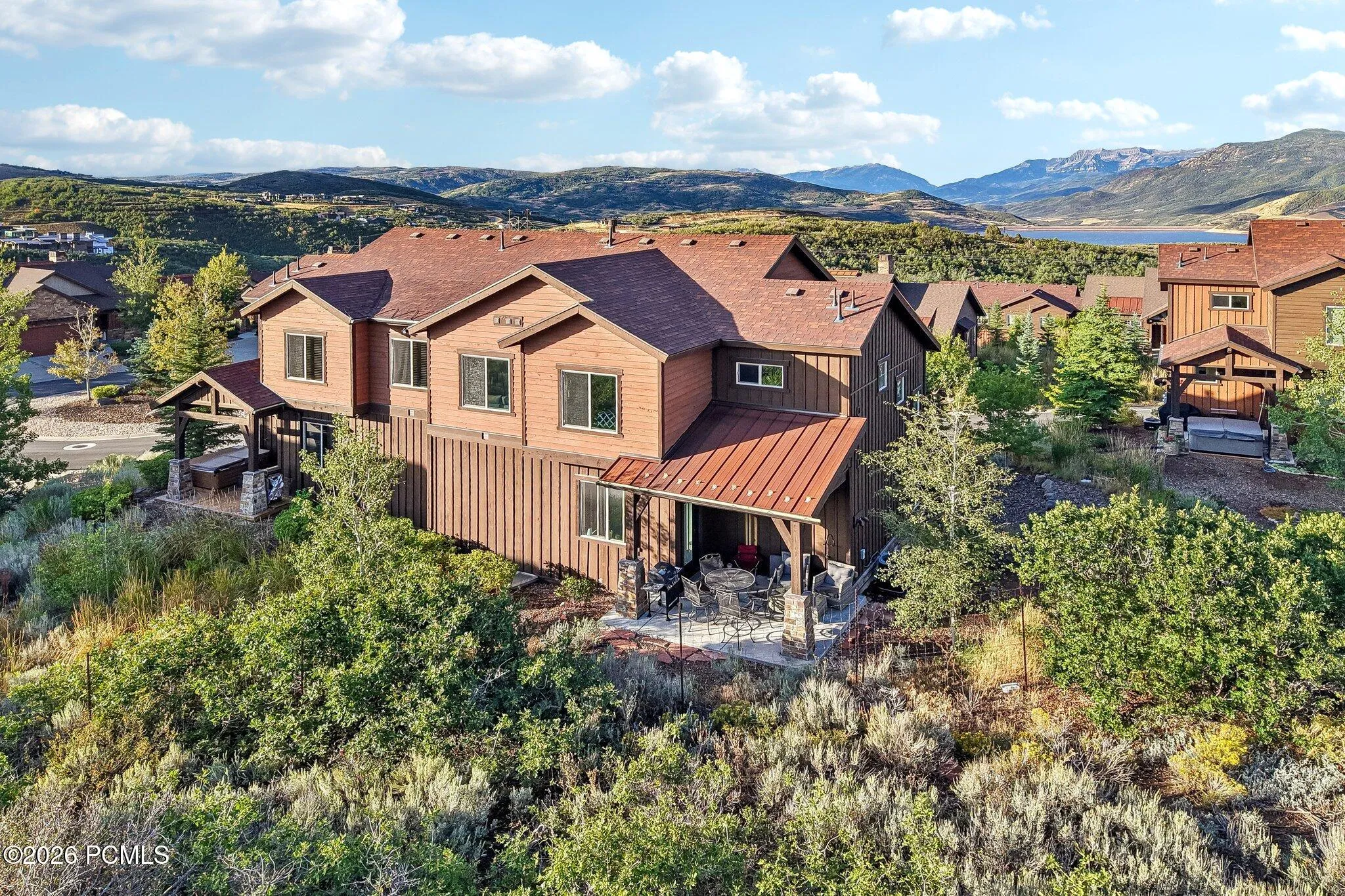 Aerial view of Rustler at Hideout showing the home's position in the community, minutes from Jordanelle Reservoir and Deer Valley East Village.
