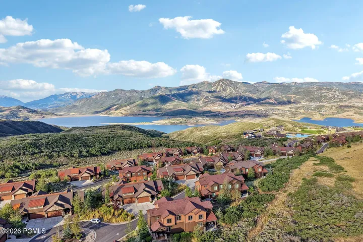 Aerial view of Jordanelle Reservoir above the rooftops of the Rustler at Hideout community in Hideout, Utah.