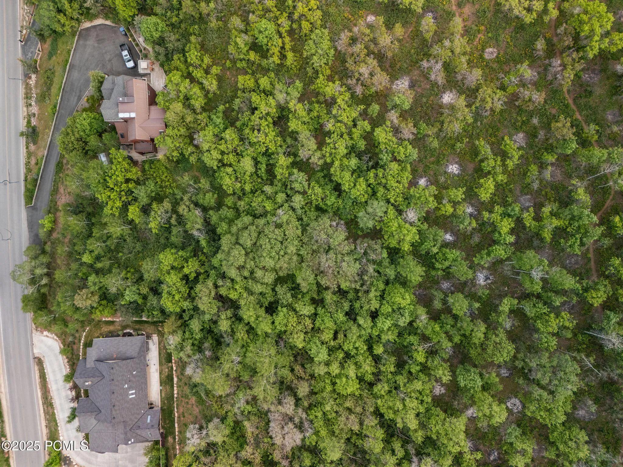 Overhead drone view of the 0.65-acre parcel, showing mature tree cover, Stagecoach Drive frontage, and the wooded buffer that keeps the building site private.