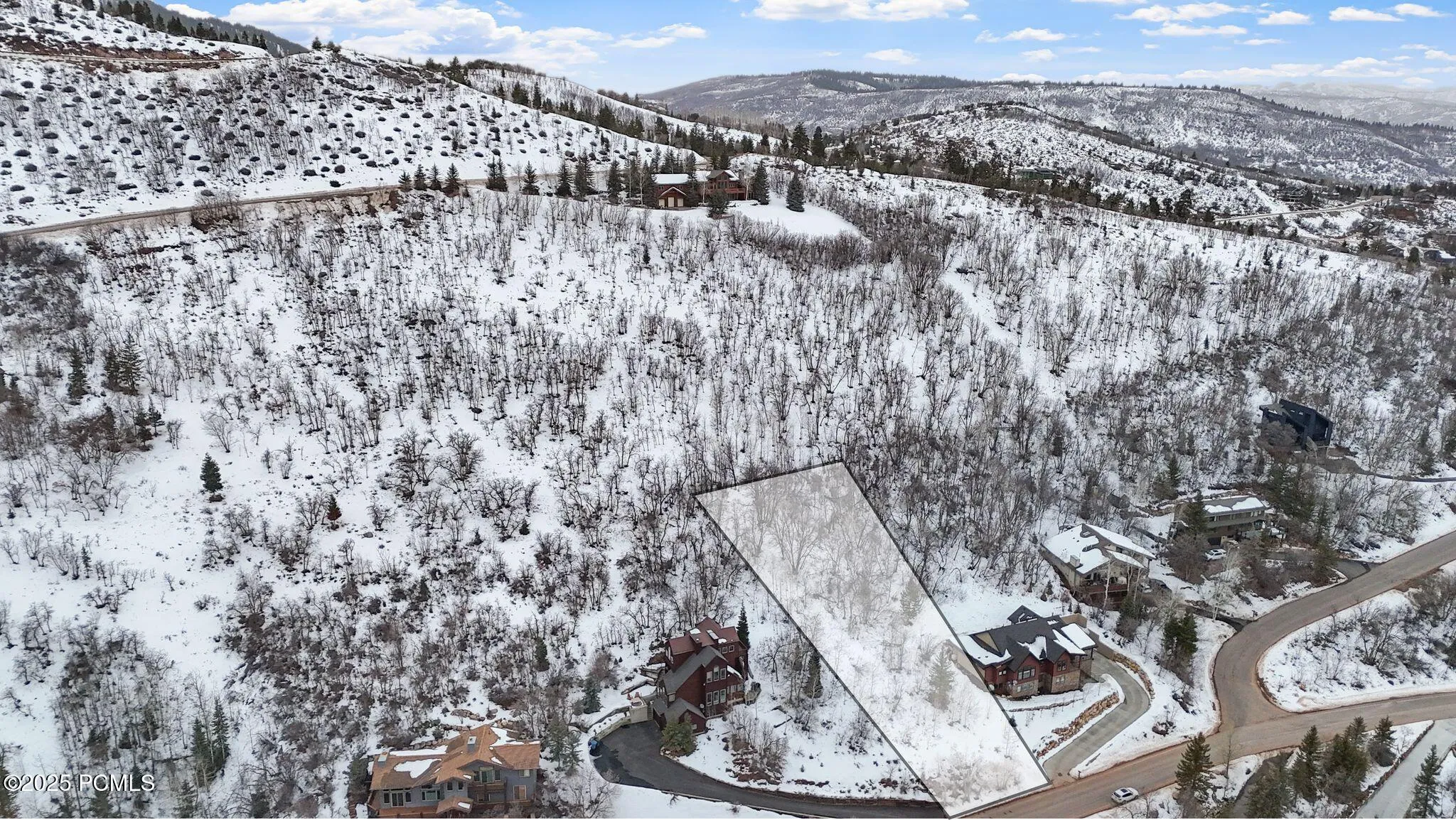 Approximate boundaries of Lot 227 shown from above, with neighboring Pinebrook homes and the year-round maintained street below. Buyer to verify lot lines.