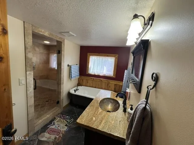 Walk-in shower with clear glass enclosure, freestanding bathtub, wood-finish vanity with countertop and vessel sink, and slate-style flooring
